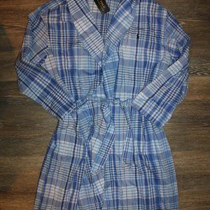 NWT POLO RALPH LAUREN WOVEN PLAID‎ BLUE WHITE BATH ROBE S/M